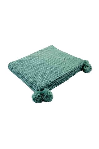Teal knitted throw with pom-poms, £25