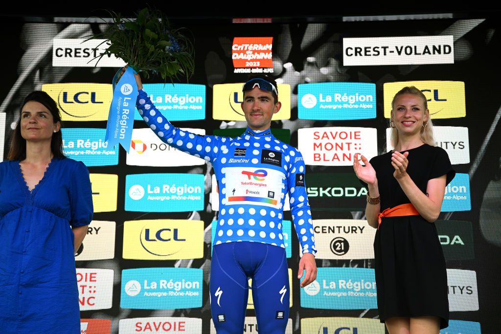 CRESTVOLAND FRANCE JUNE 09 Mathieu Burgaudeau of France and Team TotalEnergiescelebrates at podium as Polka Dot Mountain Jersey winner during the 75th Criterium du Dauphine 2023 Stage 6 a 1702km stage from Nantua to CrestVoland 1218m UCIWT on June 09 2023 in CrestVoland France Photo by Dario BelingheriGetty Images