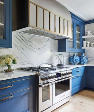 Navy Blue Kitchen with Marble Backsplash