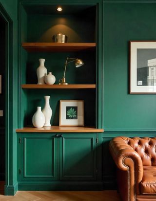 Dark, emerald green living room with a brown leather sofa, and wooden shelves with porcelain vases.