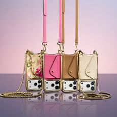 Photo of Bandolier best-selling iPhone case bags on purple background