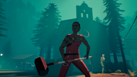 A person wielding a huge sledgehammer standing outside a misty church