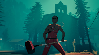A person wielding a huge sledgehammer standing outside a misty church