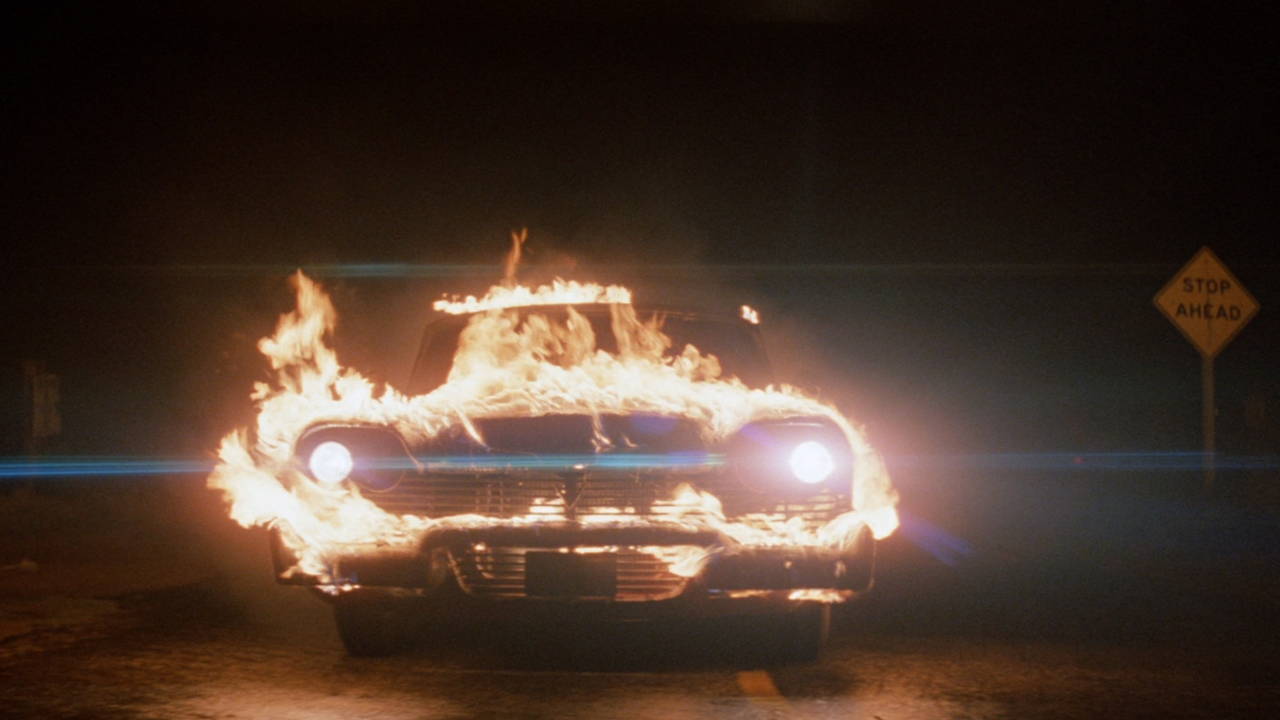 Christine on fire in John Carpenter's Christine
