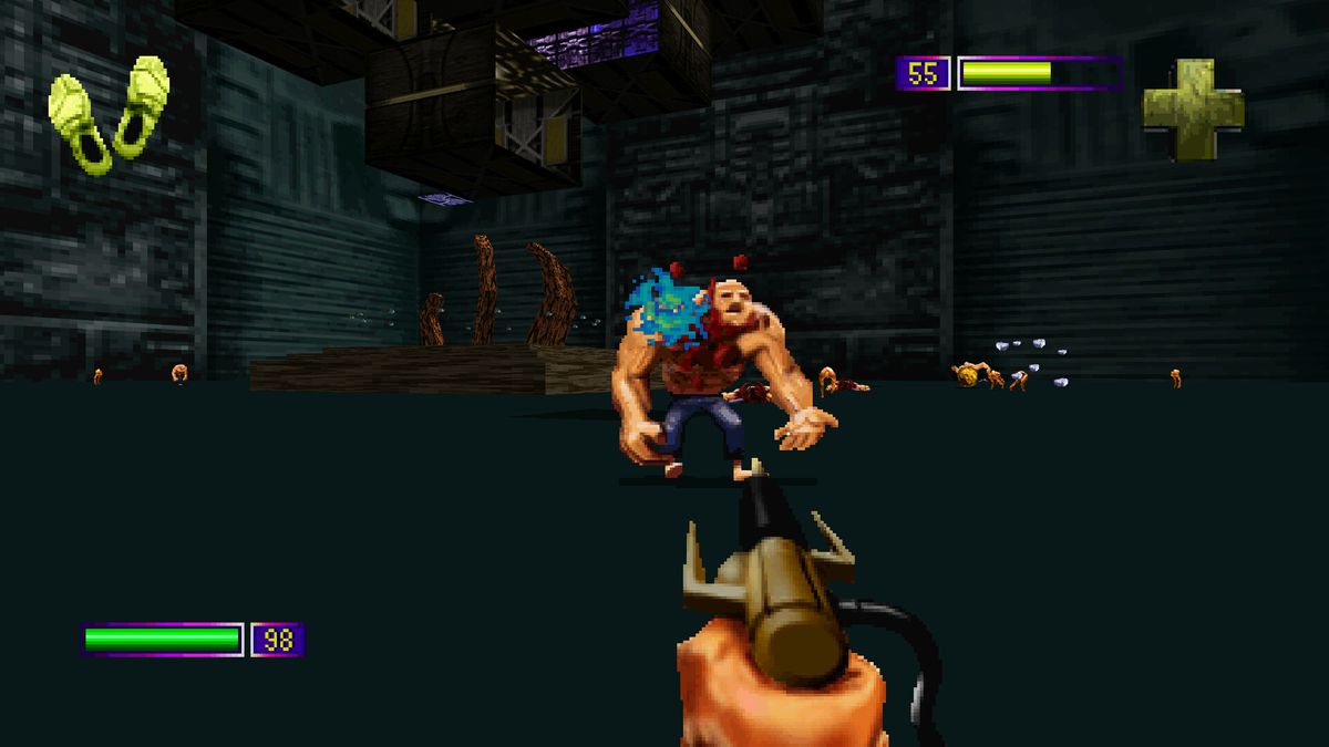 Fighting a musclebound mutant.