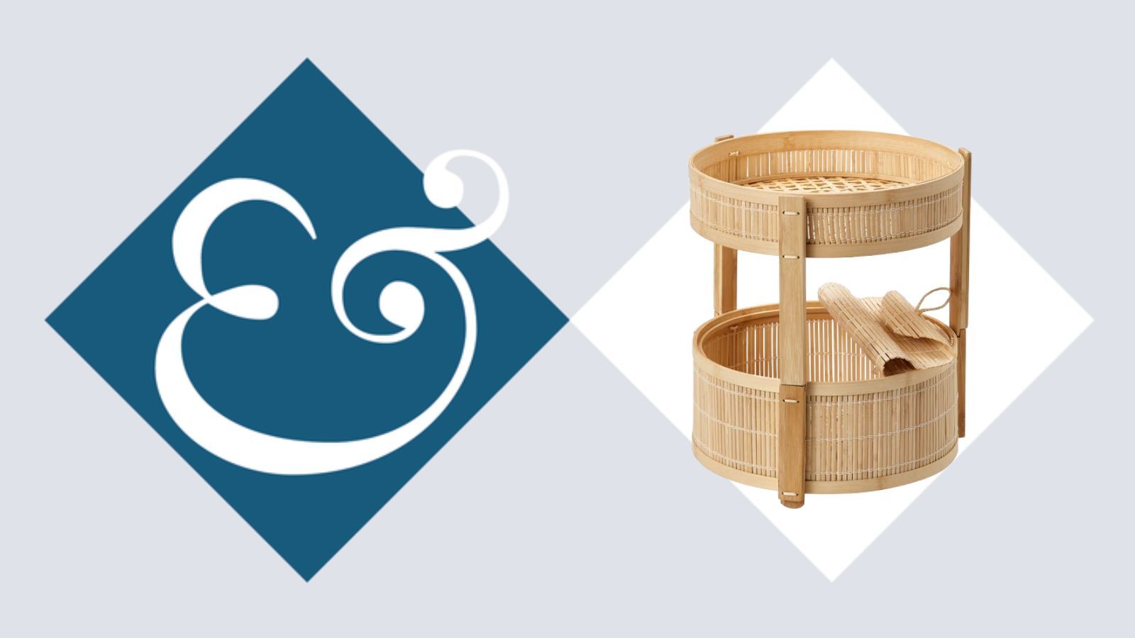 Bamboo IKEA organizer on Homes &amp; Gardens blue and white diamond and logo background