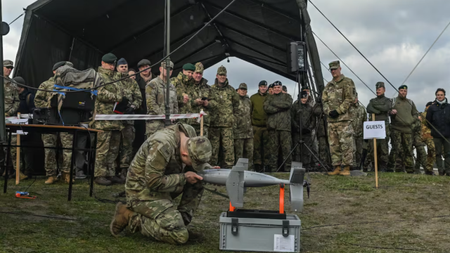 Soldiers prepare a CUAS known as Merops during a demonstration in Poland, Nov. 18, 2025.