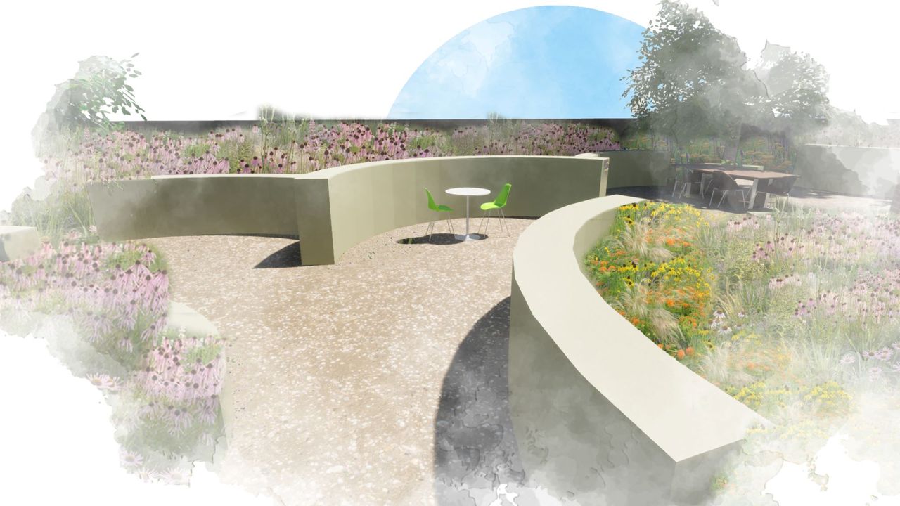The garden walls in the artist's designs and walkways covered in gravel and open spaces to walk