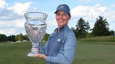 Linnea Strom with the ShopRite LPGA Classic trophy