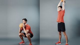 Man demonstrates two positions of the kettlebell thruster