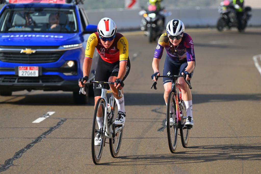 JEBEL HAFEET UNITED ARAB EMIRATES FEBRUARY 08 LR Victoire Berteau of France and Cofidis Women Team and Marta Lach of Poland and Team SD Worx Protime compete in the breakaway during the 3rd UAE Tour Women Stage 3 a 152km stage from Al Ain Qasr Al Muwaiji to Jebel Hafeet 1031m UCIWWT on February 08 2025 in Jebel Hafeet United Arab Emirates Photo by Tim de WaeleGetty Images