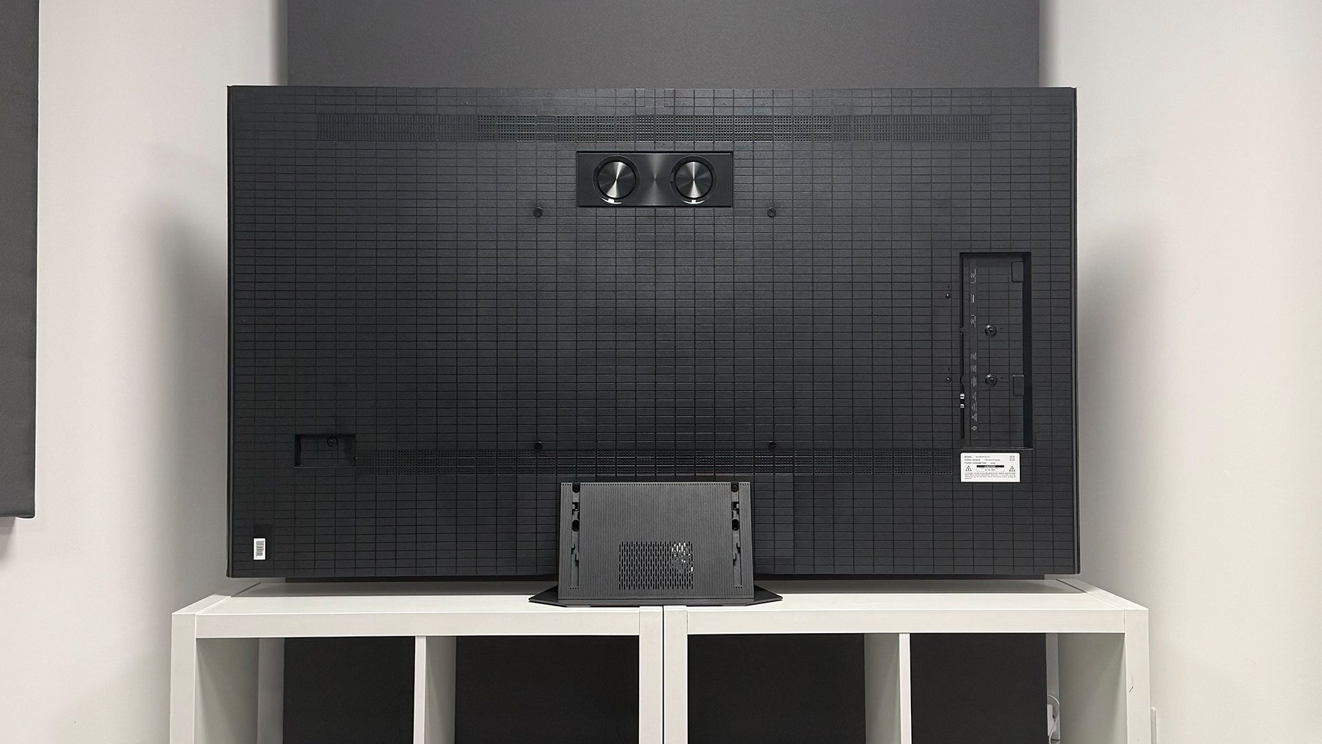 The 65-inch Hisense UR9 RGB Mini LED TV, photographed on a white, wooden unit. On the screen is a still from Netflix documentary, The Dinosaurs.