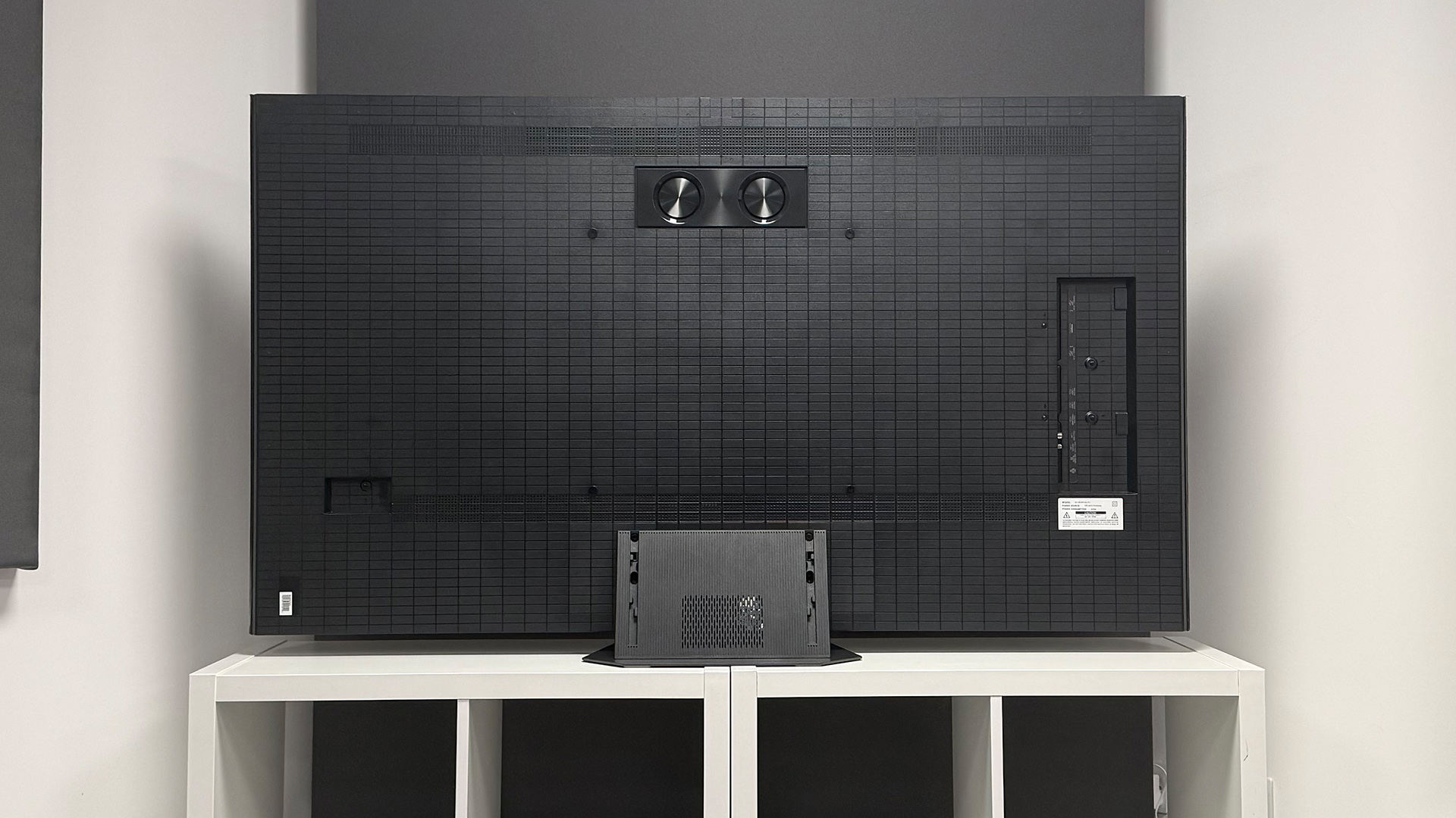 The 65-inch Hisense UR9 RGB Mini LED TV, photographed on a white, wooden unit. On the screen is a still from Netflix documentary, The Dinosaurs.