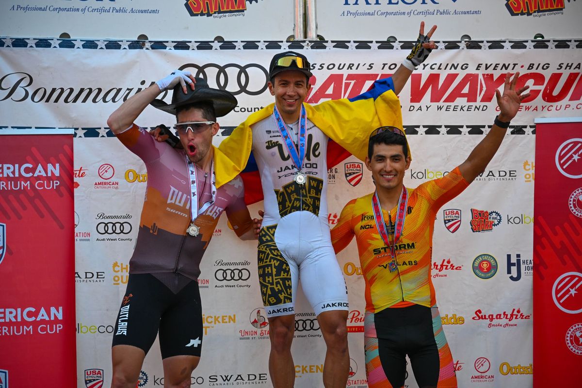 The eighth and final ACC race men's podium: Lucas Bourgoyne (Miami Blazers) in second, winner Juan Arango (Work Hard be Humble) and Alfredo Rodriguez (REIGN Storm Racing) third