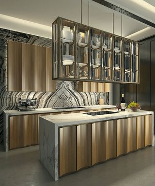 art deco kitchen with fluted island