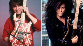 LEFT: Eddie Van Halen backstage during Van Halen's "5150" tour, on May 9, 1986, at the Joe Louis Arena in Detroit, Michigan. RIGHT: Steve Stevens as he poses, with his guitar, backstage at the Metro, Chicago, Illinois, September 28, 1989. 