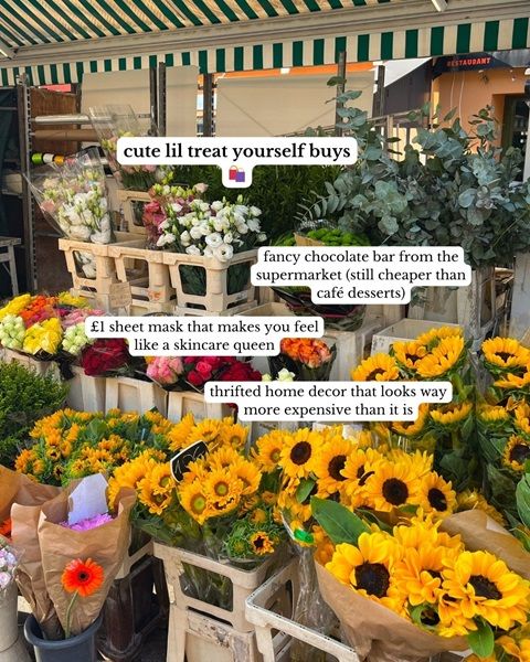 Flowers at a market stall with information on buying yourself things.