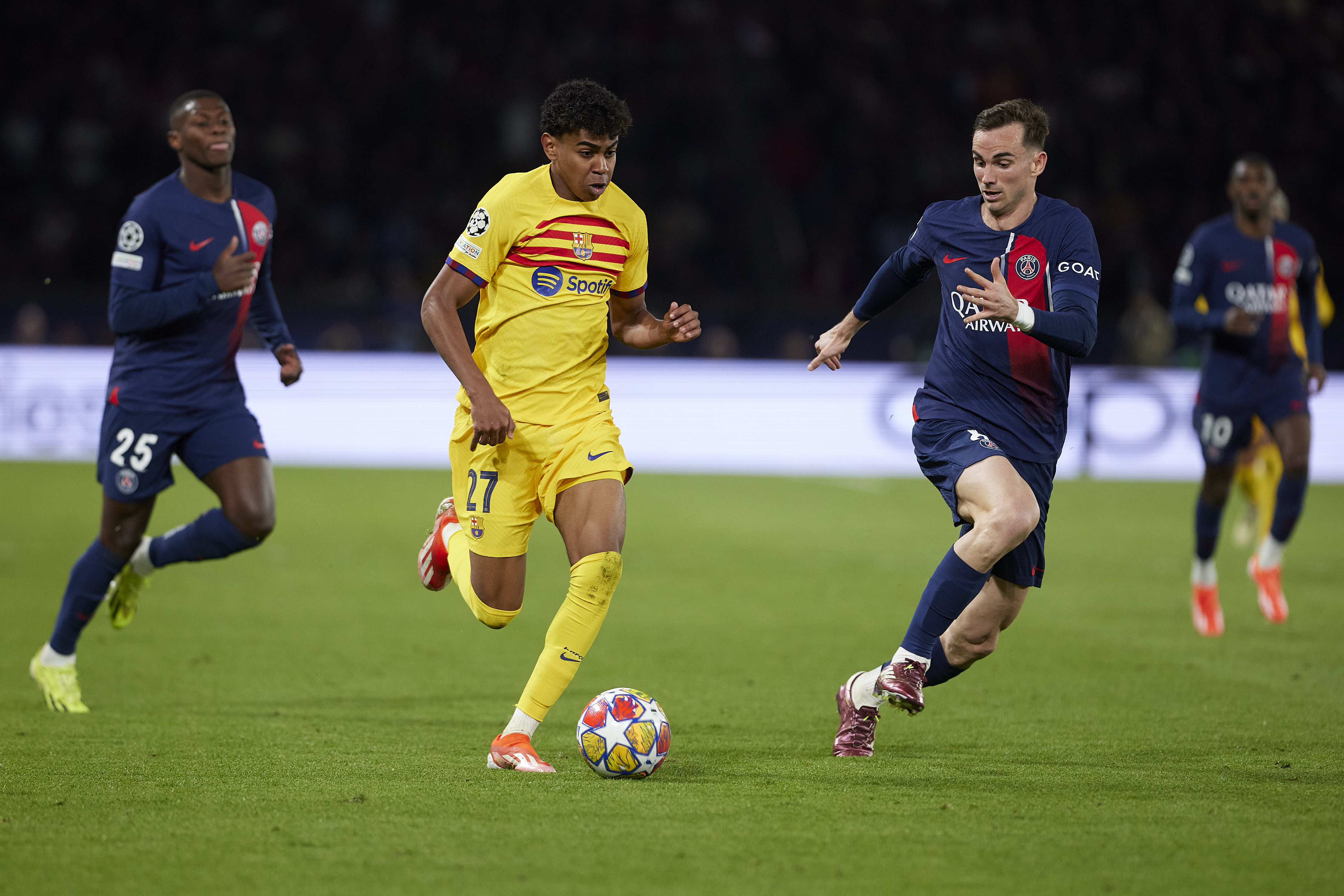Lamine Yamal on the ball for Barcelona against Paris Saint-Germain in the Champions League quarter-finals at the Parc des Princes in April 2024.