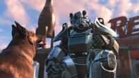 A character in power armor talks to Dogmeat in Fallout 4