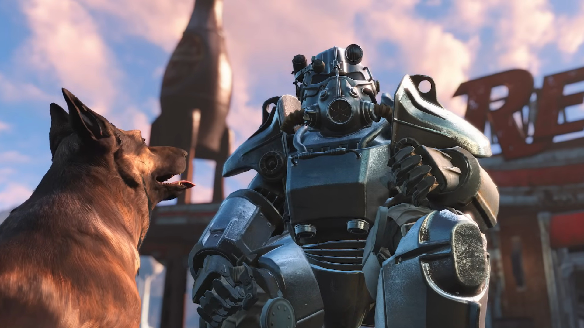 A character in power armor talks to Dogmeat in Fallout 4