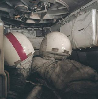 This photo shows helmets and spacesuits covered in lunar dust after the last manned moonwalk, from the 1972 Apollo 17 mission.