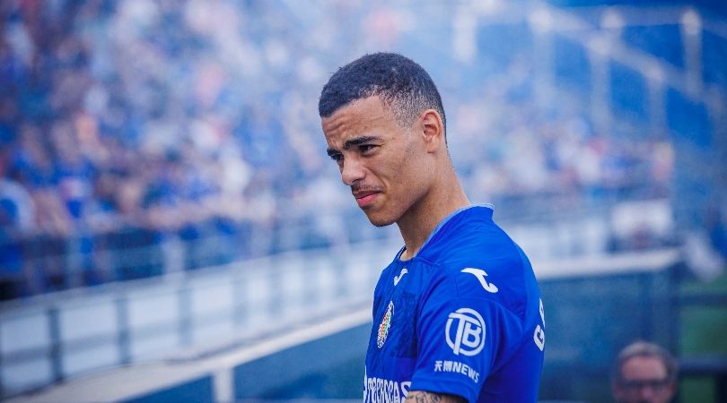 Mason Greenwood looks on after he is presented to the fans at the club&#039;s Coliseum Alfonso Perez stadium in September 2023.