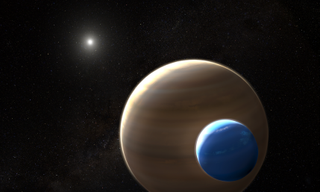 An artist's depiction of a moon orbiting an exoplanet.