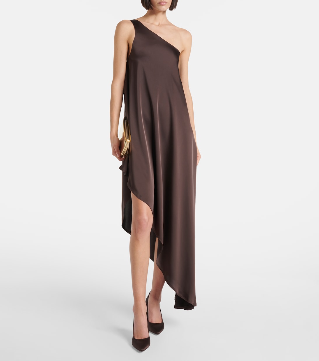 One-shoulder satin midi dress in brown - Norma Kamali