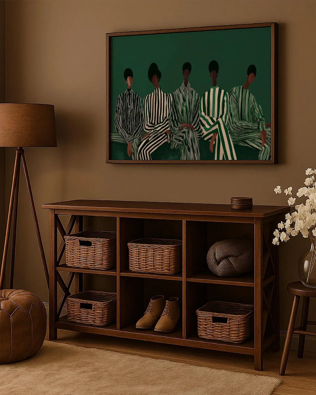 Modern Afrocentric Wall Art: Friends Black Painting, African Home Decor, styled inside an earthy-tinted living room with wood and rattan furniture.