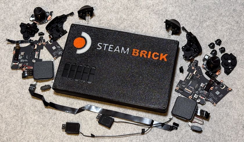 Knolling shot of &quot;Steam Brick,&quot; a Steam Deck with many of its parts removed so it could fit in a smaller enclosure, with some of the removed components arranged tastefully around it.