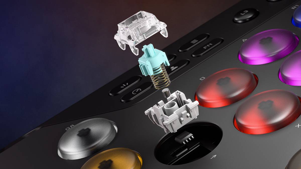 A deconstructed button of the Corsair Novablade Pro Wireless Hall Effect Leverless Controller, showing what's underneath.