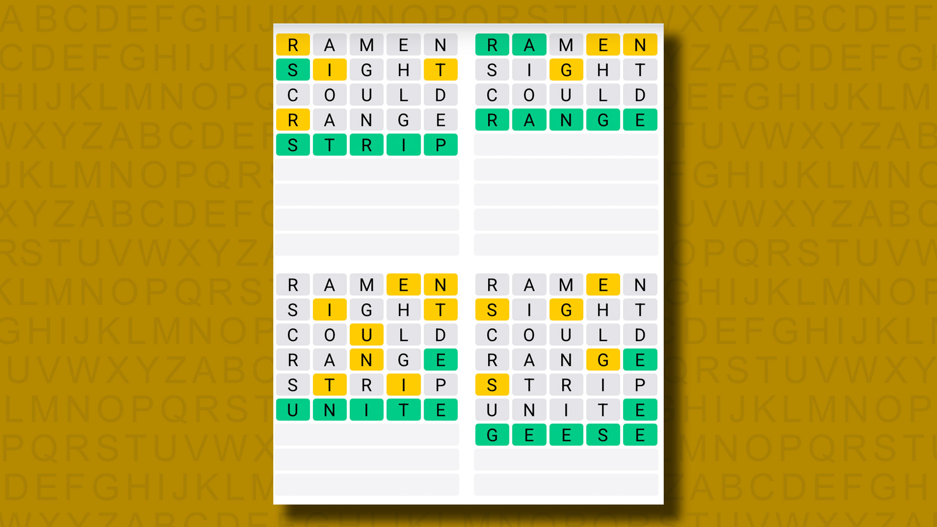 Quordle answers for game 1209 on a yellow background