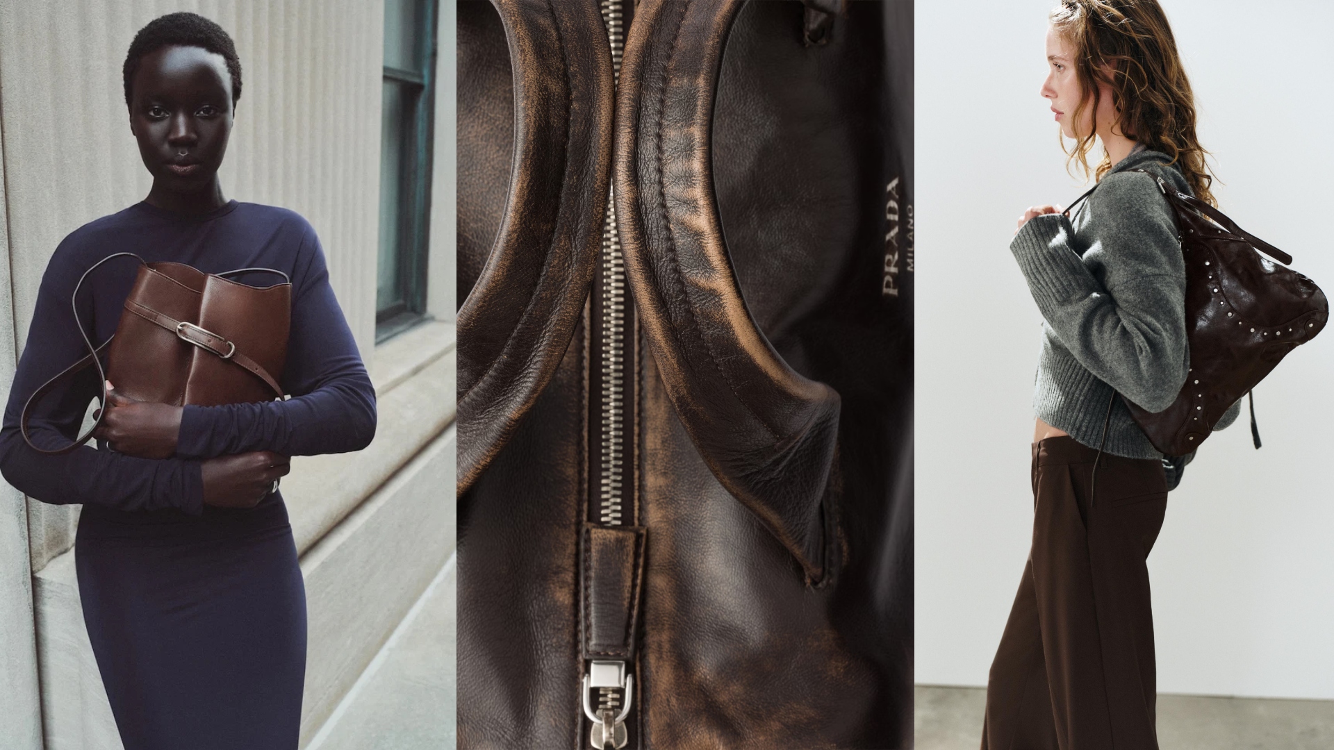 Liffner, Prada, Zara models carrying distressed leather bags