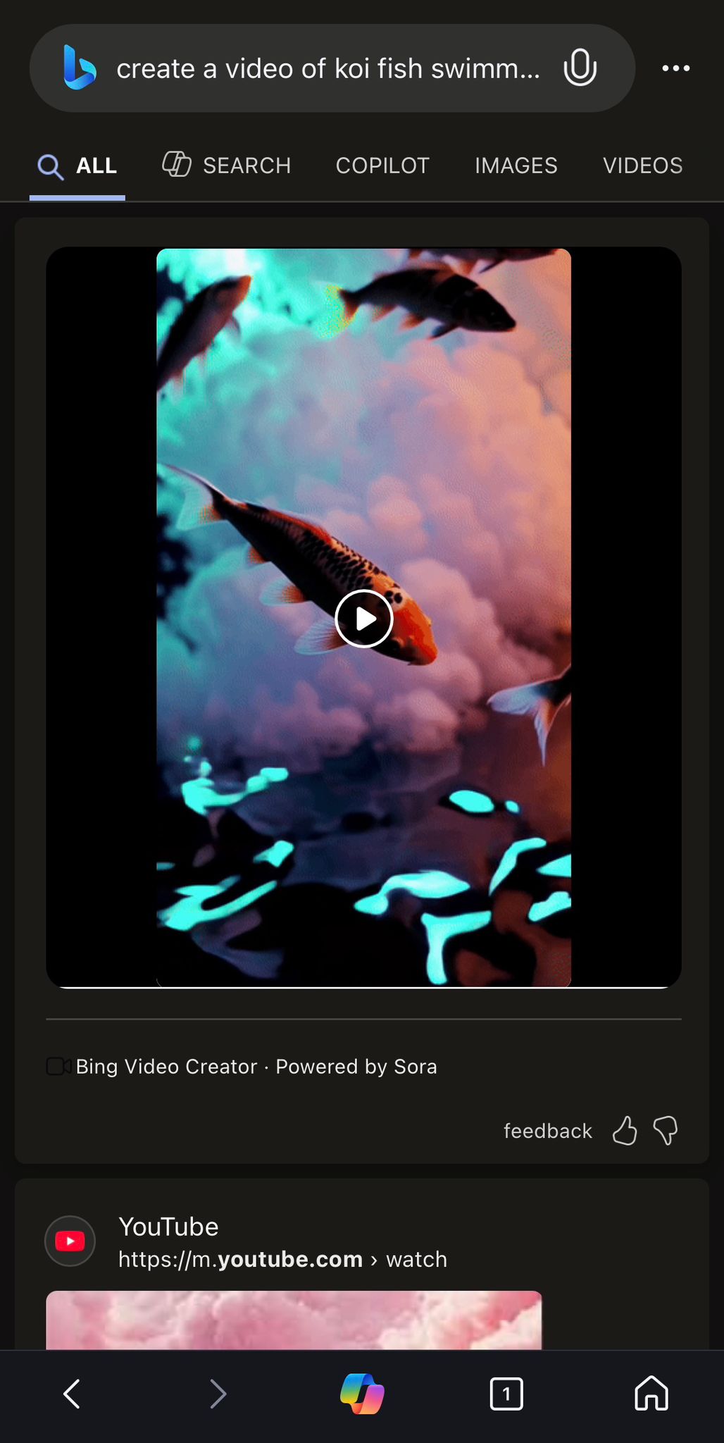 Screenshots depicting a user generating a video clip using Sora in Bing.