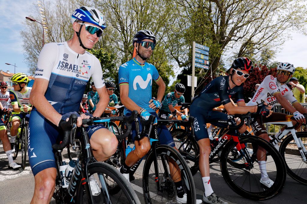 ISSOIRE FRANCE MAY 30 Christopher Froome of United Kingdom and Team Israel StartUp Nation Alejandro Valverde Belmonte of Spain and Movistar Team Geraint Thomas of The United Kingdom and Team INEOS Grenadiers Greg Van Avermaet of Belgium and AG2R Citren Team at start in Issoire City during the 73rd Critrium du Dauphin 2021 Stage 1 a 1818km stage from Issoire to Issoire Team Presentation UCIworldtour Dauphin on May 30 2021 in Issoire France Photo by Bas CzerwinskiGetty Images