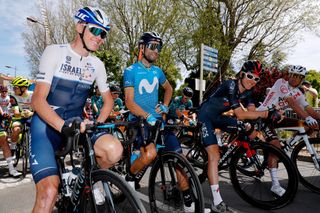 ISSOIRE FRANCE MAY 30 Christopher Froome of United Kingdom and Team Israel StartUp Nation Alejandro Valverde Belmonte of Spain and Movistar Team Geraint Thomas of The United Kingdom and Team INEOS Grenadiers Greg Van Avermaet of Belgium and AG2R Citren Team at start in Issoire City during the 73rd Critrium du Dauphin 2021 Stage 1 a 1818km stage from Issoire to Issoire Team Presentation UCIworldtour Dauphin on May 30 2021 in Issoire France Photo by Bas CzerwinskiGetty Images