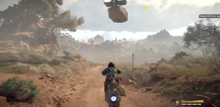 a screenshot from Star Wars: Outlaws showing Kay on a speeder bike