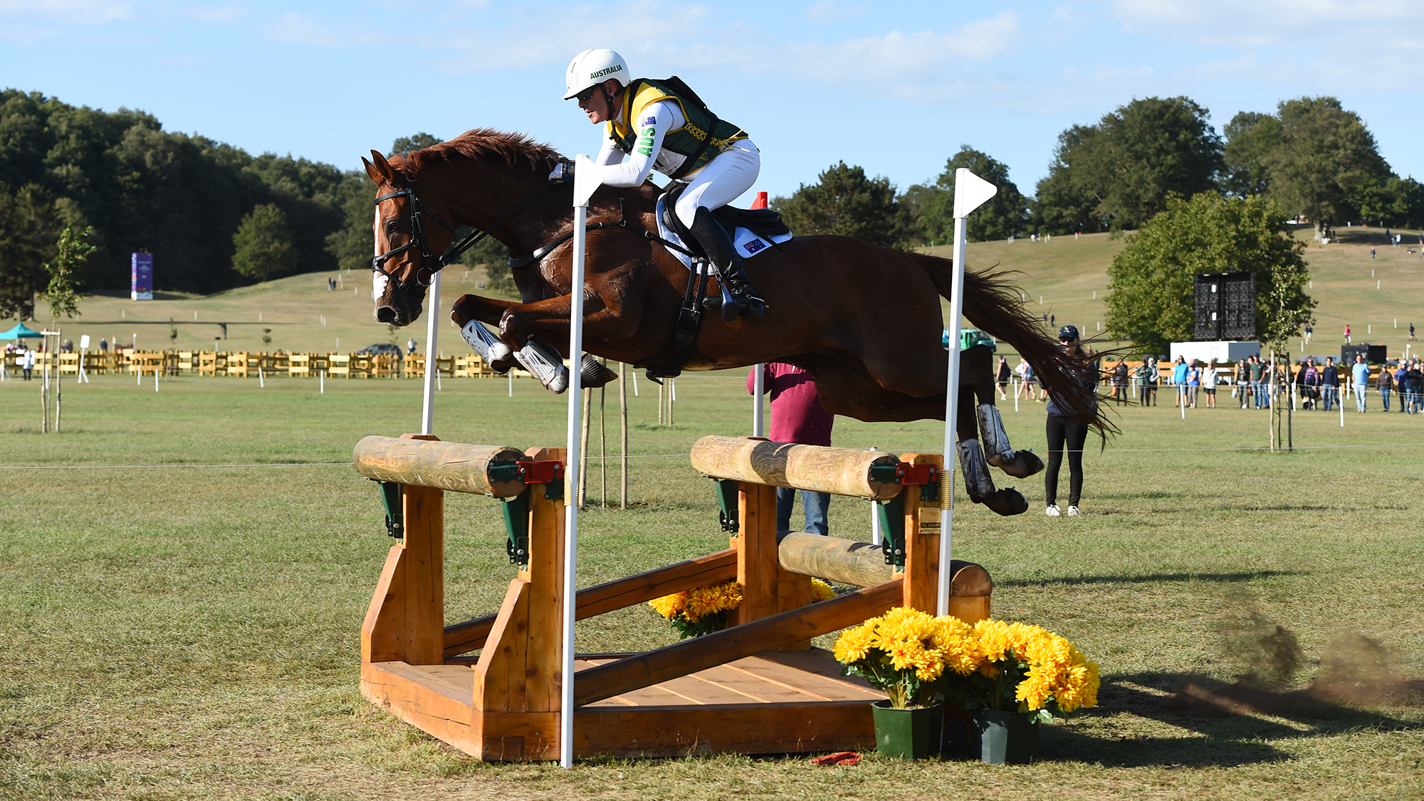 Andrew Hoy and Vassily De Lassos jump a cross-country fence at the 2022 World Championships.