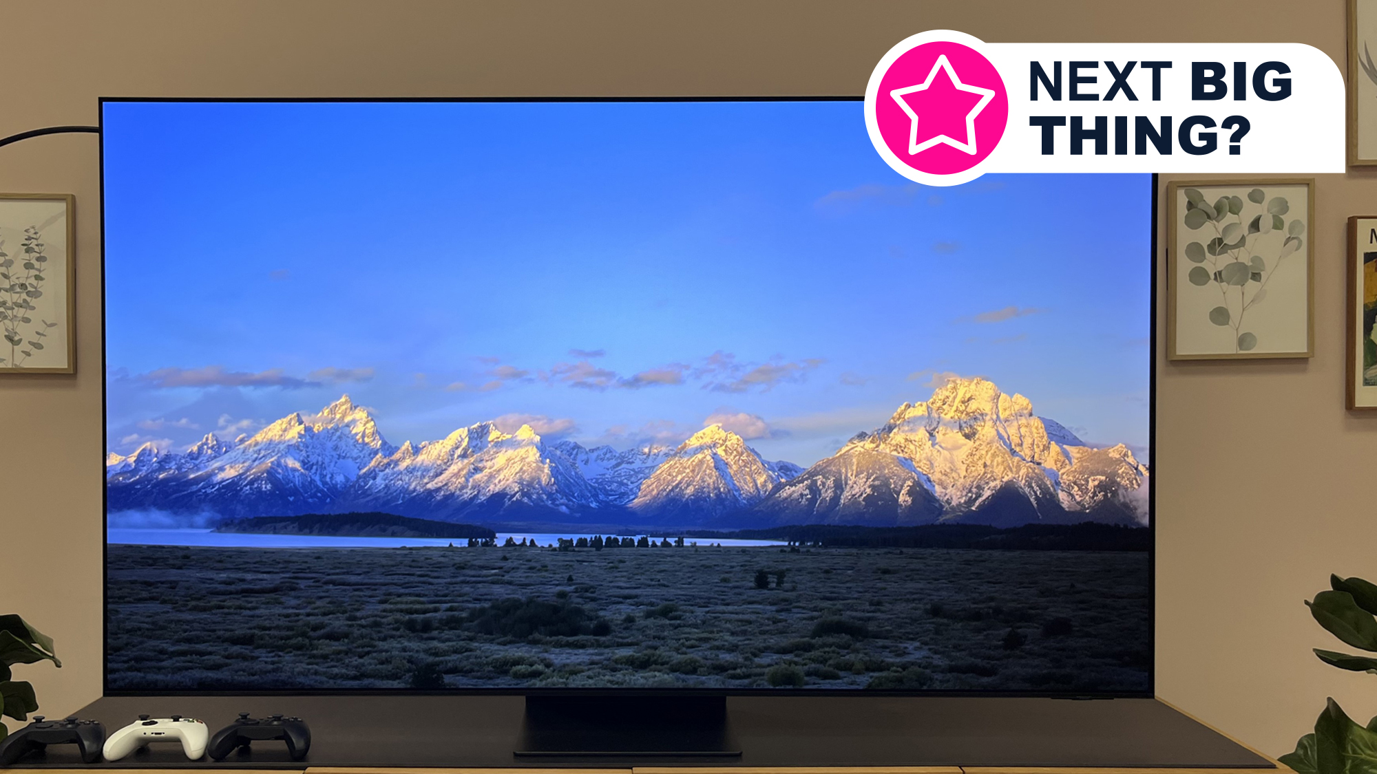A Samsung S95D OLED TV sitting in on a stand in a living room