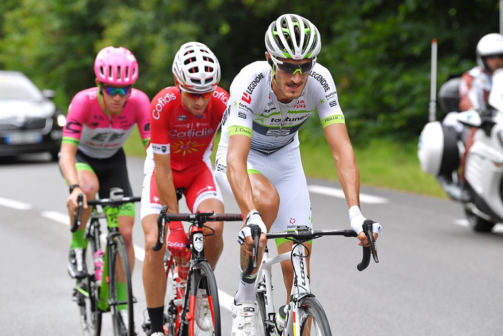Nicolas Edet (Cofidis, Solutions Credits), Brice Feillu (Fortuneo-Samsic), Lawson Craddock (EF Education First-Drapac) in the breakaway during stage 1 at Criterium du Dauphine