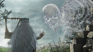 A giant skeleton looking at the Revenant