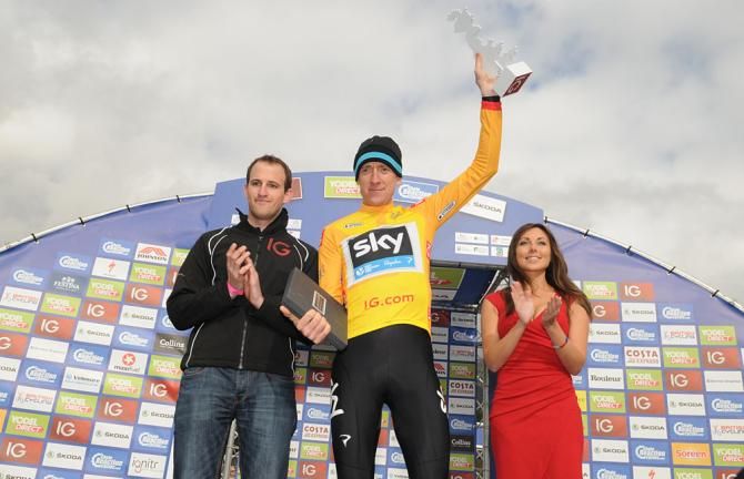 Race leader Bradley Wiggins (Sky) on the podium