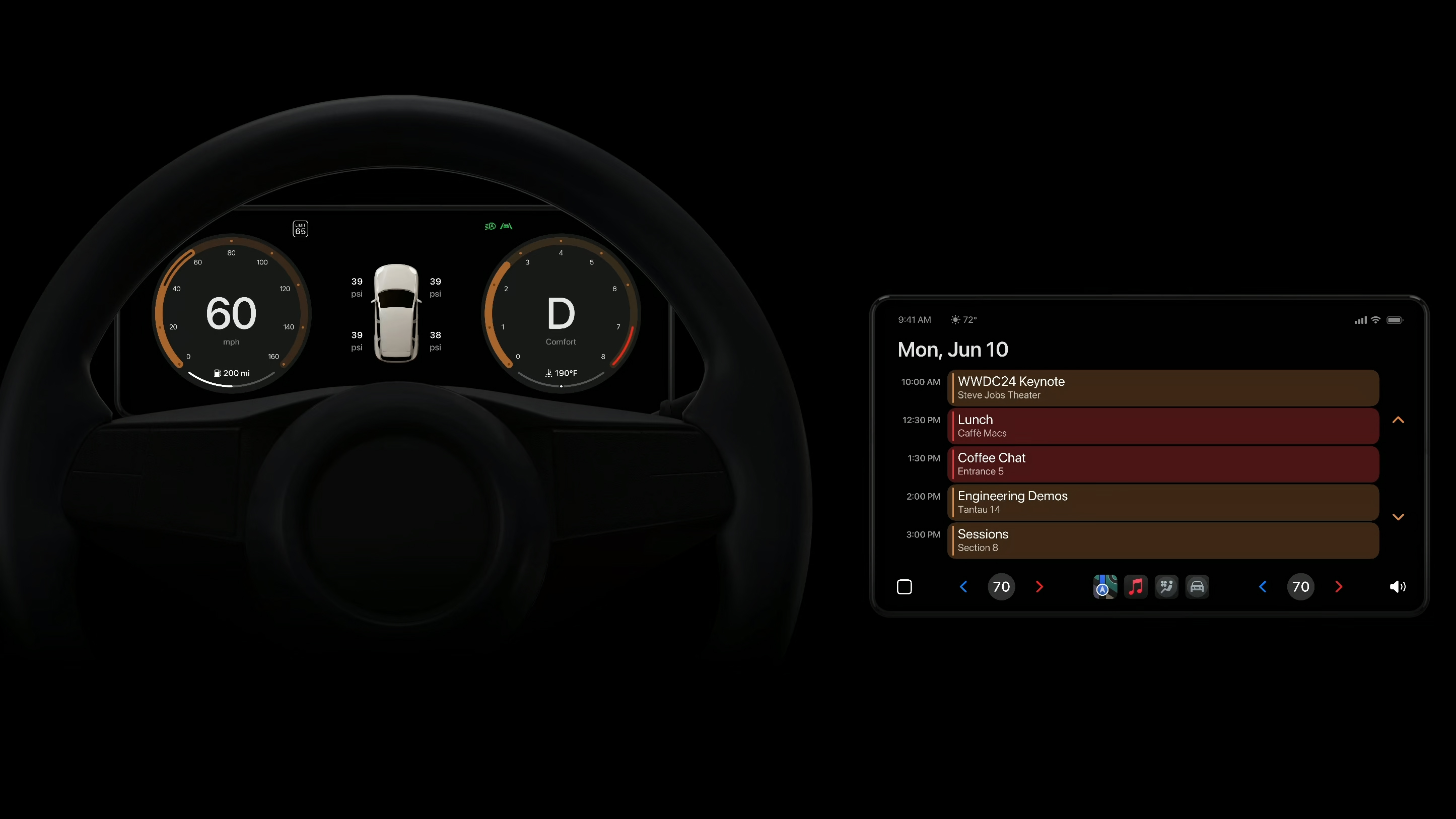 A car dashboard showing Apple CarPlay