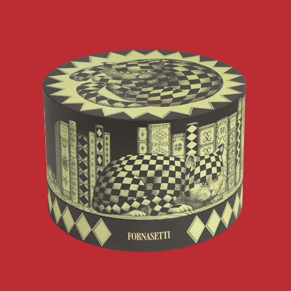 An intricately decorated panettone box with a flat, round structure, a lithography illustration of a cat on it, and a red interior rim, stands against a red background in a gif that shows it open and closed, with a cake inside it.