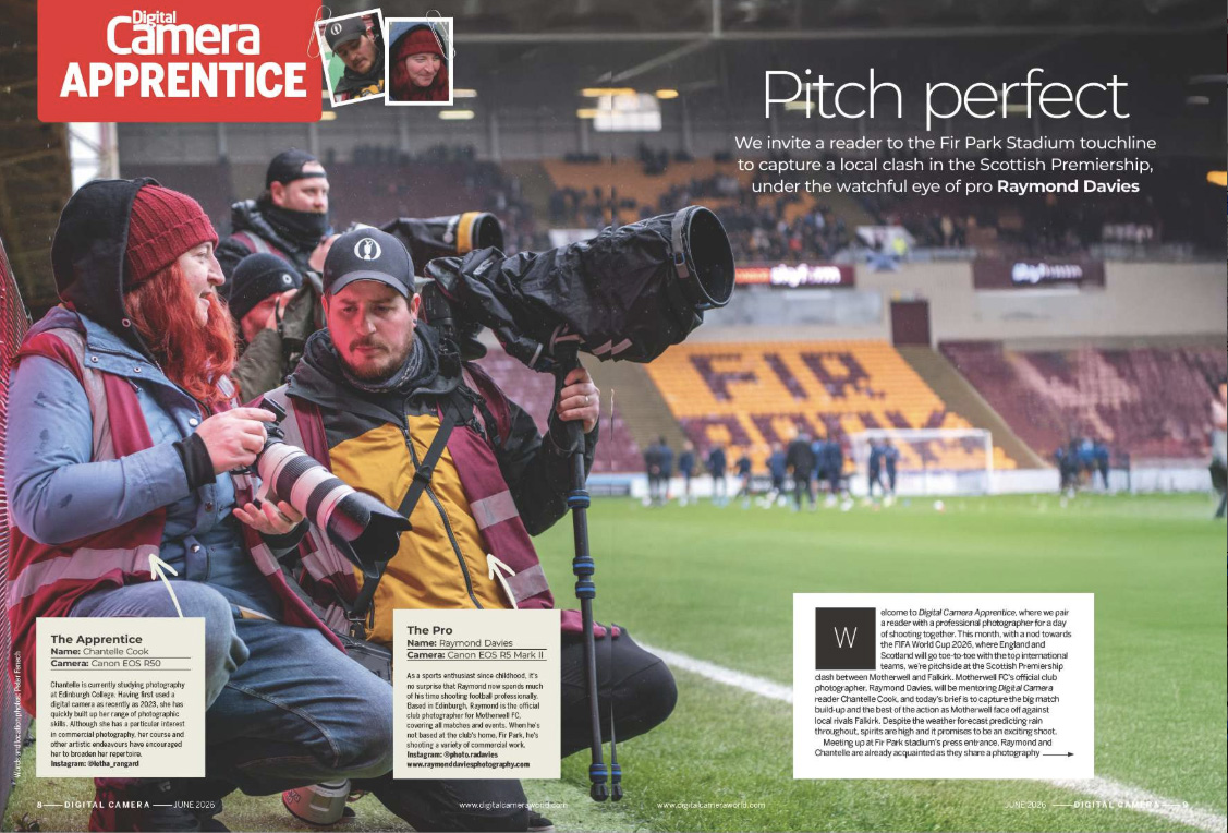 Image showing the first two pages of the Apprentice article in issue 308 (June 2026) of Digital Camera magazine, where a reader captures a local clash in Scottish football&amp;rsquo;s top flight