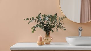 bathroom counter with candle and eucalyptus