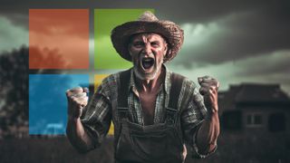 Angry farmer with a Microsoft logo background