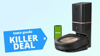 Black Friday header using product shot of the iRobot Roomba s9+ robot vacuum cleaner.