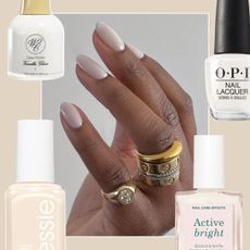 A collage with sheer white nail polishes and a hand with a sheer white milky manicure