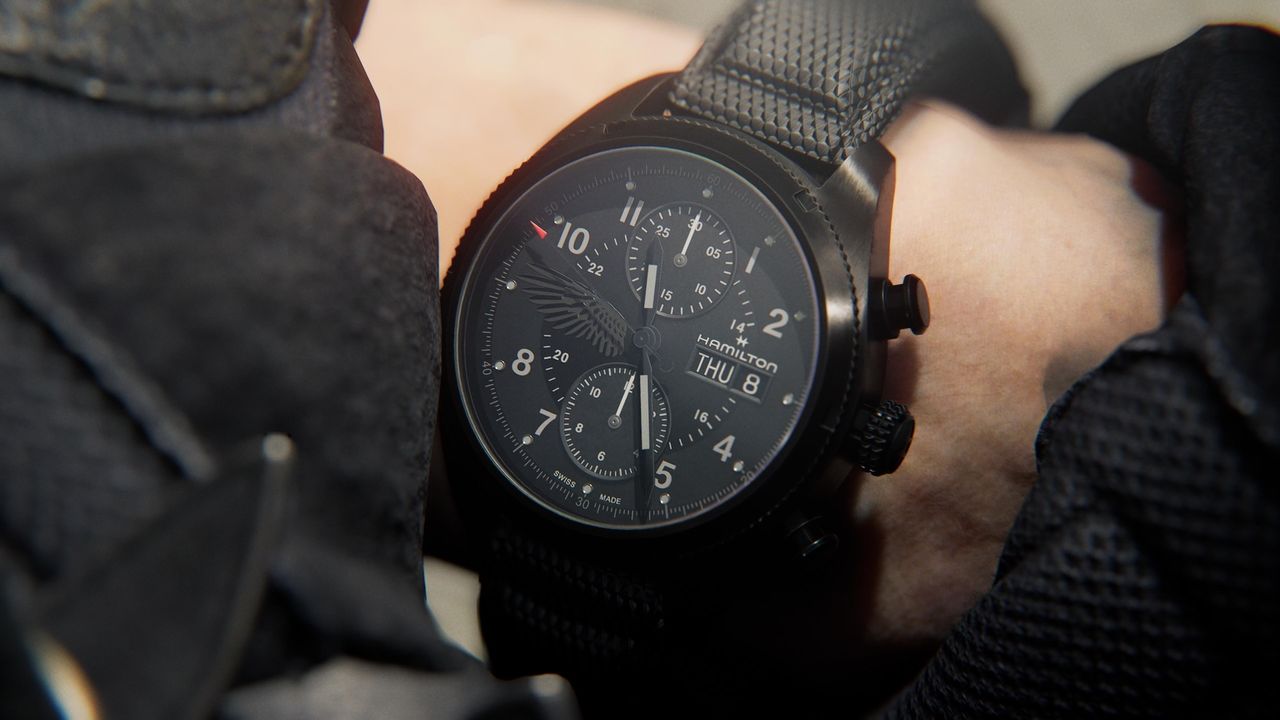 Resident Evil Requiem Hamilton watch: Khaki Field Auto Chrono on Leon